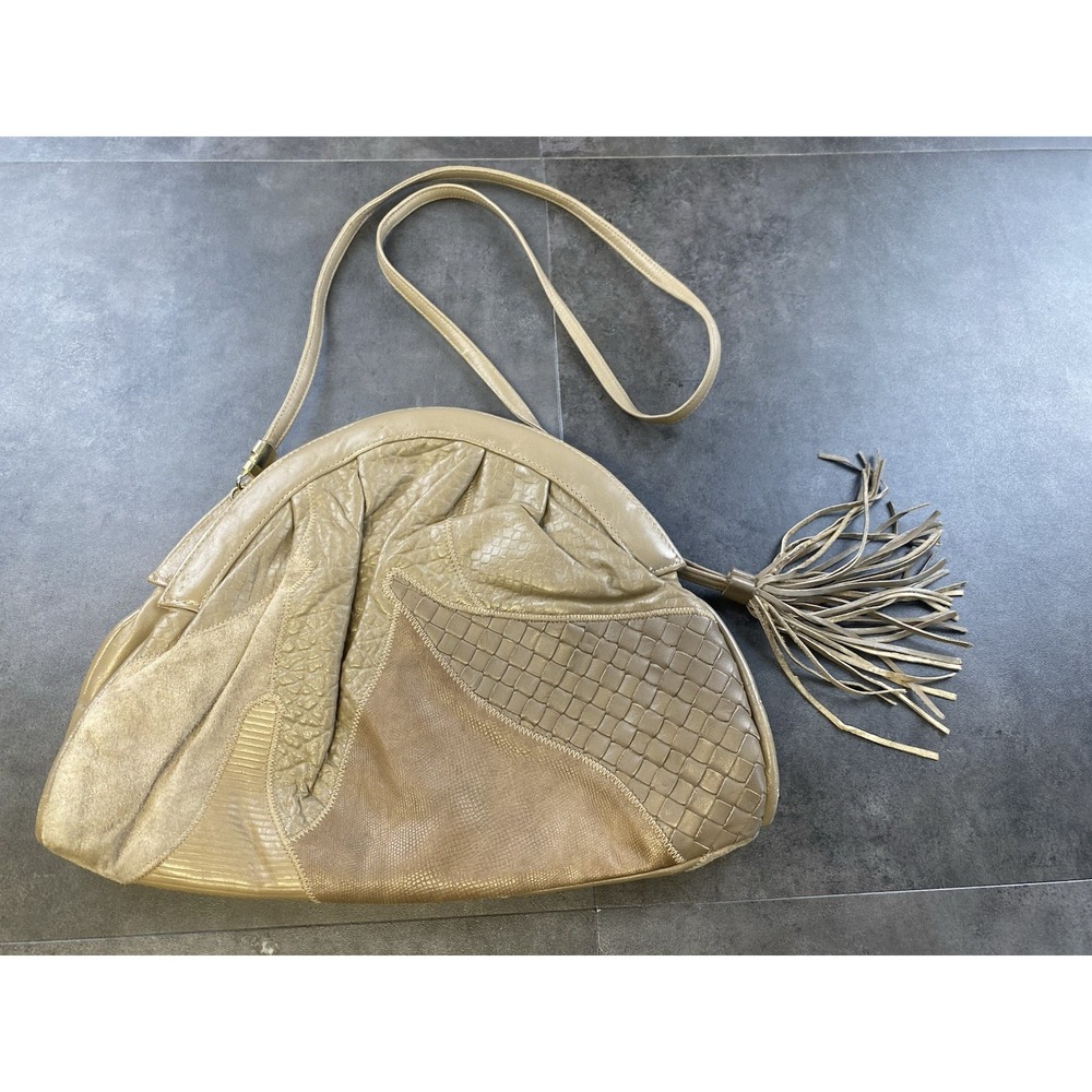 VTG Meyers USA Tan Leather Patchwork Crescent Shoulder Bag w/Tassel-CLEAN